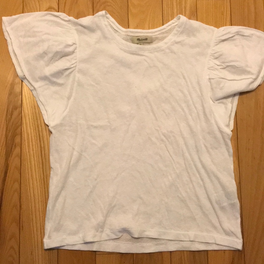 Madewell basic white tee with ruffled sleeves.